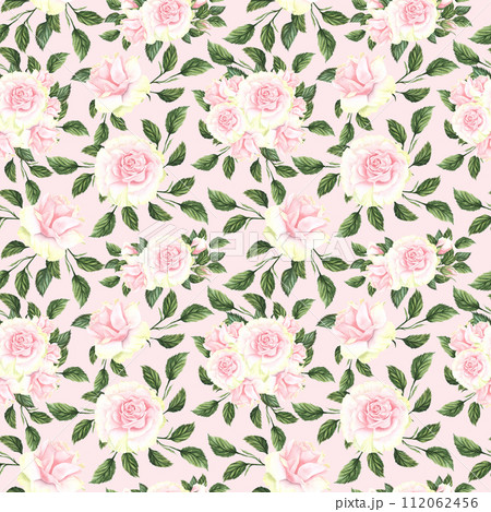 Seamless pattern with pink flowers and leaves on pink background, watercolor floral pattern, flower rose in pastel color, suitable for wallpaper, card or fabric Seamless pattern with pink flowers and leaves on pink background, watercolor floral pattern, flower rose in pastel color, suitable for wallpaper, card or fabric 112062456