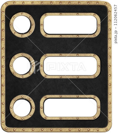 Blank steampunk-style plaques in a brass frame with rivets on a leather background Blank steampunk-style plaques in a brass frame with rivets on a leather background 112062457