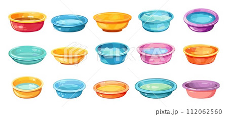 AI-generated content. Washing basins cartoon set. Isolated basin empty and with water. equipment for wash and clean, plastic bathroom tools vector set 112062560