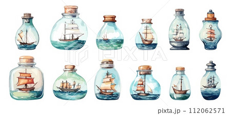 AI-generated content. Ships in bottles, abstract glass bottle with nautical landscape. Sea, vintage ship and boat. Isolated watercolor decorative vector collection AI-generated content. Ships in bottles, abstract glass bottle with nautical landscape. Sea, vintage ship and boat. Isolated watercolor decorative vector collection 112062571