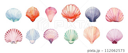 AI-generated content. Seashells clipart. Watercolor seashell isolated on white background. Underwater and beach objects, decorative elements for aquarium, vector set 112062573