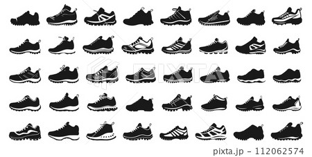 AI-generated content. Running sport shoes silhouettes. Athletic sneakers icons, sports casual footwear for football basketball marathon sprint walk vector illustration 112062574