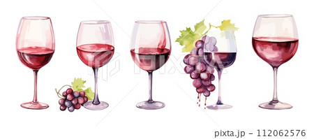 AI-generated content. Red wine in glasses. Winery products, juicy grapes and drink glass. Watercolor drinks for cafe or restaurant menu, alcoholic vector aperitif set 112062576