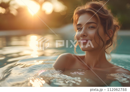 Serenity Oasis: Young Woman Basks in Outdoor Spa Pool Beauty 112062788
