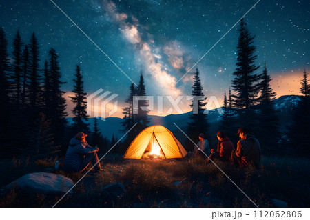 Mountain Magic Gathering: Friends Around Campfire in Starlit Forest 112062806