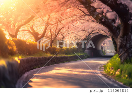 Sakura Splendor: Side View of Japan's Blossom Tunnel 112062813