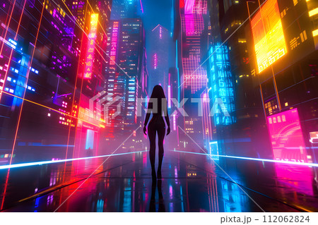 Neon Stroll Elegance: Woman Walking through Futuristic City Lights 112062824