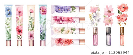 AI-generated content. Cosmetic tubes with floral decor. Hand cream packaging design. Isolated tube and bottles with flowers. Abstract female cosmetics, vector set 112062944