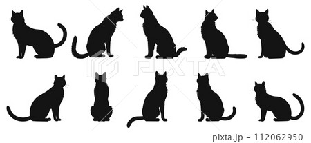 AI-generated content. Cat poses black silhouettes. Sitting cats friends isolated set, kitty outline vector icons on white 112062950