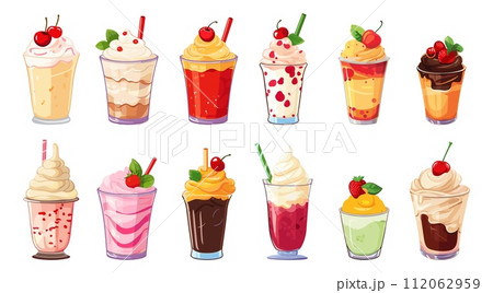 AI-generated content. Cartoon milkshakes with cream, fruits and berries. Isolated sweet dessert drinks. Children menu in cafe or bar, tasty cold summer food vector set 112062959