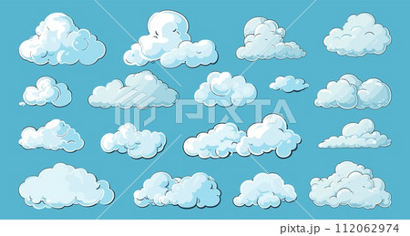 AI-generated content. Cartoon clouds isolated on blue background. Overcast sky panorama, big cloud set flat vectors 112062974