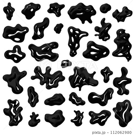 AI-generated content. Black slime stains. Viscous oil blobs, goo paints, inking mucus abstract splash set, liquid sauce drops shapes isolated on white AI-generated content. Black slime stains. Viscous oil blobs, goo paints, inking mucus abstract splash set, liquid sauce drops shapes isolated on white 112062980