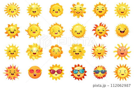 AI-generated content. Baby morning suns. Smiling sun emojis set, happy bright sunshine yellow child vector characters, cartoon sunbeam sunny faces isolated vectors 112062987