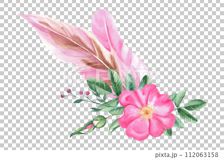 Watercolor dog rose bouquet, corner composition from flowers, leaves and pink berries isolated on white background. Botanical hand drawn illustration. For cards, invitations and floral designs. Watercolor dog rose bouquet, corner composition from flowers, leaves and pink berries isolated on white background. Botanical hand drawn illustration. For cards, invitations and floral designs. 112063158