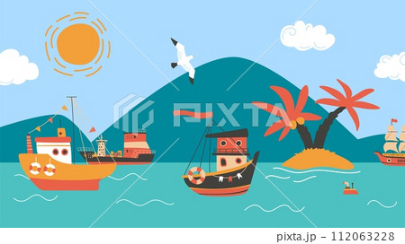 Sea or ocean transportation. Water logistic and delivery, adventures and travel. Different ships and island with palm, mountains, marine vector landscape Sea or ocean transportation. Water logistic and delivery, adventures and travel. Different ships and island with palm, mountains, marine vector landscape 112063228