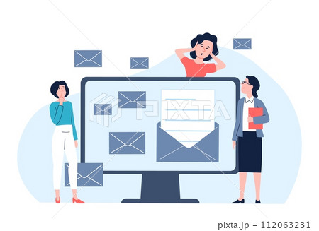 Email spam. Office woman in shock, deadline and a lot of letters. Time management, burnout and stress. Workers and boss, female on job vector scene 112063231