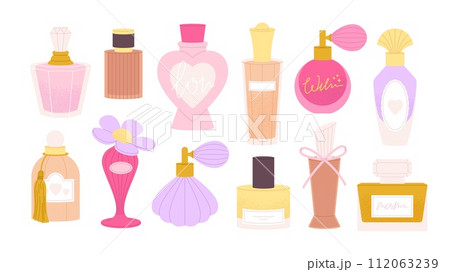 Cartoon fashion perfume bottles. Decorative fragrance bottle, female stylish essences. Luxury and elegance cosmetics, racy vector perfumes set 112063239