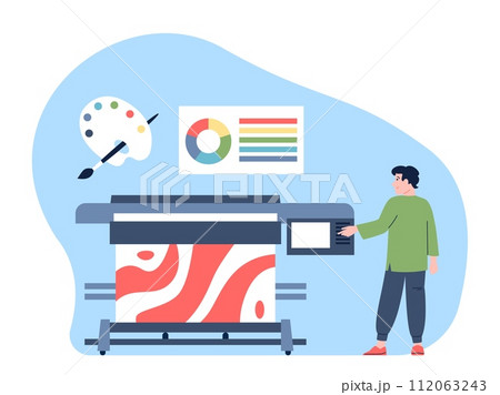 Printshop worker. Man work with polygraphy printer, choose colors and ink. Prepress and printing. Typography equipment and service, recent vector scene 112063243