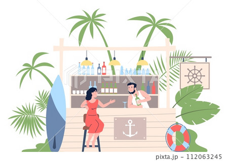 Girl in beach bar. Woman on summer vacation, drinks and communication in seaside cafe with barman. Female rest on sea, flat recent vector scene Girl in beach bar. Woman on summer vacation, drinks and communication in seaside cafe with barman. Female rest on sea, flat recent vector scene 112063245