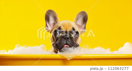 Happy wet dog taking a bath. Cute puppy in a bathtub with soap foam and bubbles. Pets cleaning or washing concept Happy wet dog taking a bath. Cute puppy in a bathtub with soap foam and bubbles. Pets cleaning or washing concept 112063277