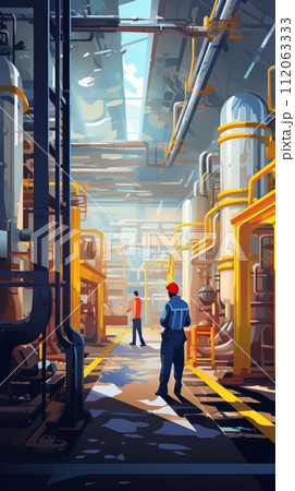 Illustration of a work process in a workshop, an engineer and a worker solving production problems 112063333