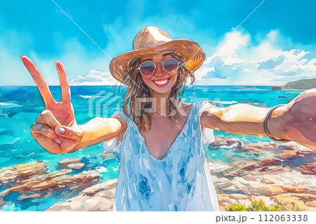 Watercolor illustration of a happy young girl taking a selfie against the sea background Watercolor illustration of a happy young girl taking a selfie against the sea background 112063338