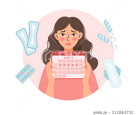 Sad woman with a menstrual calendar in her hands. Healthcare and medicine. Illustration, vector 112063732
