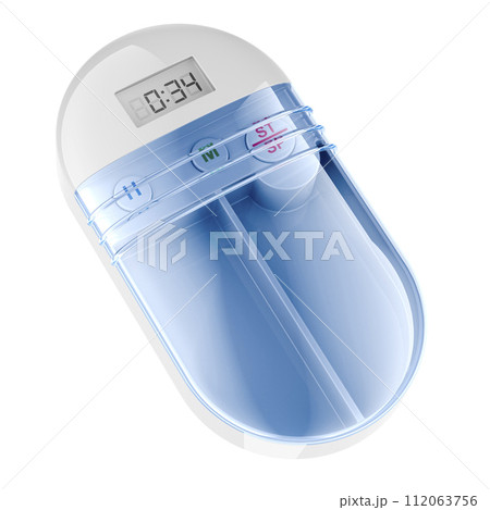 Pill box with reminder alarm, pocket mini pill organizer box case. 3D rendering Pill box with reminder alarm, pocket mini pill organizer box case. 3D rendering 112063756