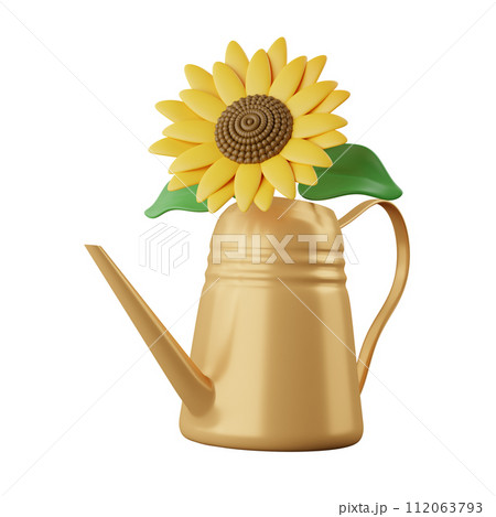 3d watering pot with flower. garden tool. Gardening. icon isolated on white background. 3d rendering illustration. Clipping path 112063793