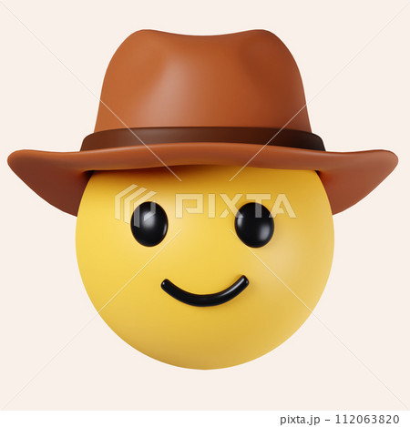 3d Cowboy hat emoji. Happy smiled emoticon with brown leather brimmed hat. icon isolated on gray background. 3d rendering illustration. Clipping path. 112063820