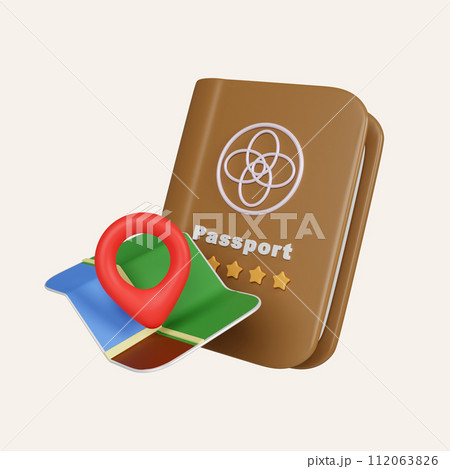 3D Brown passport and Folded map and location pin isolated. minimal Navigation. icon isolated on white background. 3d rendering illustration. Clipping path. 3D Brown passport and Folded map and location pin isolated. minimal Navigation. icon isolated on white background. 3d rendering illustration. Clipping path. 112063826