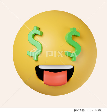 3d Rich emoji. Money Cash Dollar Face Emoji. icon isolated on gray background. 3d rendering illustration. Clipping path. 112063830