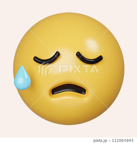 3d Anxious emoji with sweat. Concerned emoticon with blue forehead and cold sweat dripping down. icon isolated on gray background. 3d rendering illustration. Clipping path. 112063843