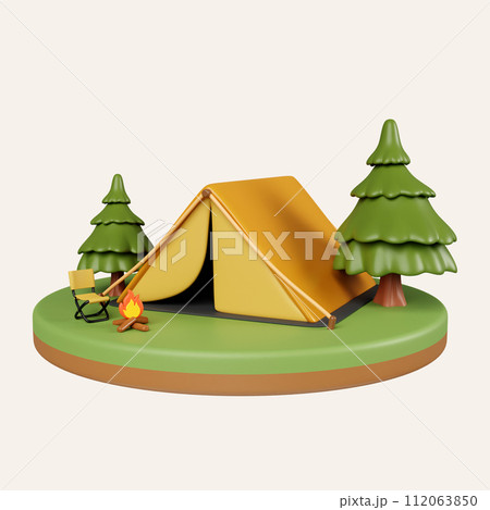 3d Campsite in nature and elements for camping, summer camp, traveling, trip, hiking. icon isolated on white background. 3d rendering illustration. Clipping path. 3d Campsite in nature and elements for camping, summer camp, traveling, trip, hiking. icon isolated on white background. 3d rendering illustration. Clipping path. 112063850