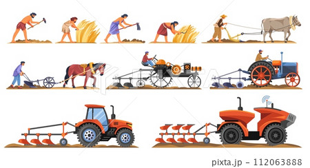 Farming evolution. Animal plowing plough, history timeline agriculture, ancient farmer with primitive tools machining field equipment cultivated soil, recent vector illustration 112063888