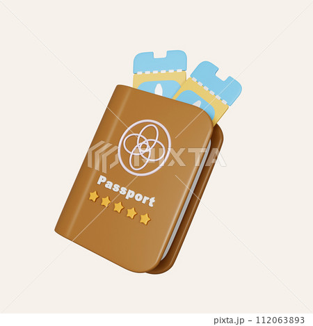 3D An Air plane ticket and Brown passport. icon isolated on white background. 3d rendering illustration. Clipping path. 3D An Air plane ticket and Brown passport. icon isolated on white background. 3d rendering illustration. Clipping path. 112063893