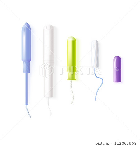 Realistic tampons. Female tampon pad for application in menstrual period, woman 3d hygienic applicator monthly cycle, feminine hygiene toilet accessories, exact vector illustration 112063908