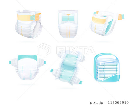 Realistic diapers. Baby diaper mockup, diapering stack product package for newborn pee incontinence child dry body, kids nappy disposal eco absorbent, 3d exact vector illustration Realistic diapers. Baby diaper mockup, diapering stack product package for newborn pee incontinence child dry body, kids nappy disposal eco absorbent, 3d exact vector illustration 112063910