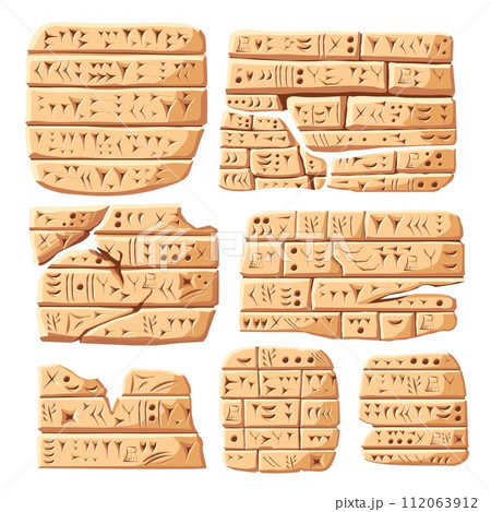 Cuneiform. Ancient inscription, old sumerian writing carving on stone or clay tiles, number symbol and texts babylonian language mesopotamia relic tablet recent vector illustration Cuneiform. Ancient inscription, old sumerian writing carving on stone or clay tiles, number symbol and texts babylonian language mesopotamia relic tablet recent vector illustration 112063912