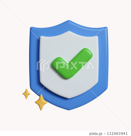 3d protection shield icon, checkmark on shield symbol, safety concept. icon isolated on white background. 3d rendering illustration. Clipping path. 112063941