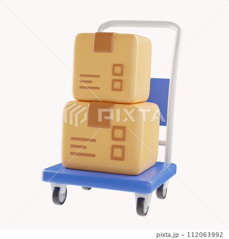 3D Shopping cart and cardboard box. Fast delivery concept from online store. Shipping logistics package delivery. Cargo box. Cartoon creative design icon isolated on white background. 3D Rendering 112063992