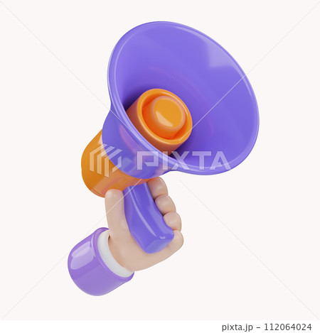 Cartoon hand holding megaphone 3d render on white isolated background. Digital Marketing concept. Cartoon hand holding megaphone 3d render on white isolated background. Digital Marketing concept. 112064024