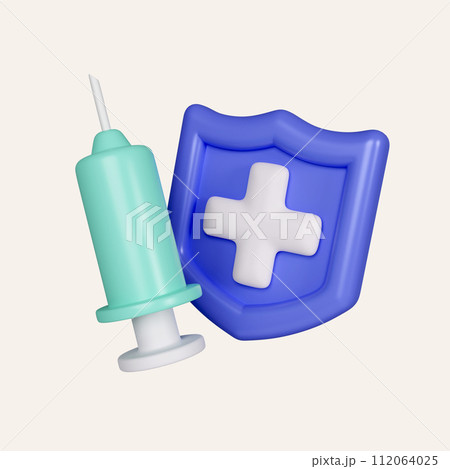 3d Medical Syringe Vaccine with guard shield. immunity for the body. icon isolated on white background. 3d rendering illustration. Clipping path. 112064025