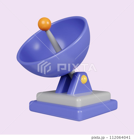 3d satellite dish. concept for signal moving communication and live broadcasting. icon isolated on purple background. 3d rendering illustration. Clipping path. 112064041