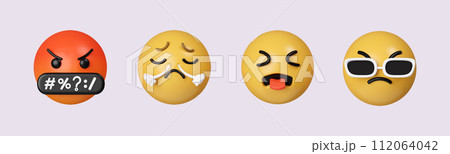 3d Set Icon Emoji. Realistic Yellow Glossy 3d Emotions face. icon isolated on gray background. 3d rendering illustration. Clipping path. 3d Set Icon Emoji. Realistic Yellow Glossy 3d Emotions face. icon isolated on gray background. 3d rendering illustration. Clipping path. 112064042