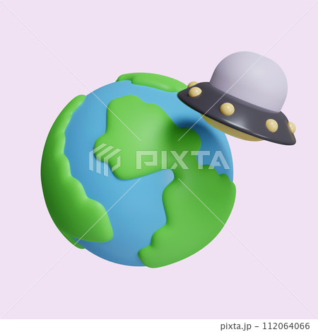 3d UFO above the Earth planet. icon isolated on purple background. 3d rendering illustration. Clipping path. 112064066