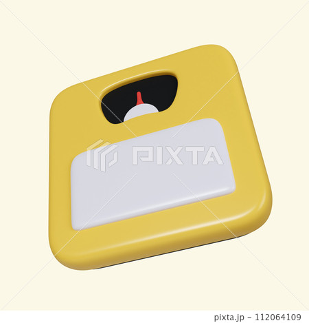 3d weighing scale. Dieting and health, weight measure device, overweight concept. icon isolated on yellow background. 3d rendering illustration. Clipping path. 3d weighing scale. Dieting and health, weight measure device, overweight concept. icon isolated on yellow background. 3d rendering illustration. Clipping path. 112064109