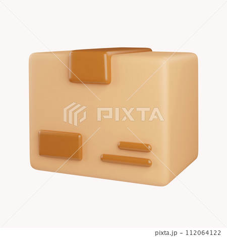 3D cardboard box icon with white symbols isolated on white background. Render delivery cargo box 3d illustration 112064122