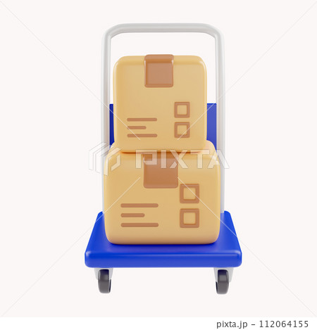 3D Shopping cart and cardboard box. Fast delivery concept from online store. Shipping logistics package delivery. Cargo box. Cartoon creative design icon isolated on white background. 3D Rendering 112064155