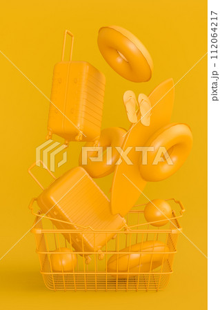 Colorful luggage with beach accessories and shopping basket on monochrome 112064217